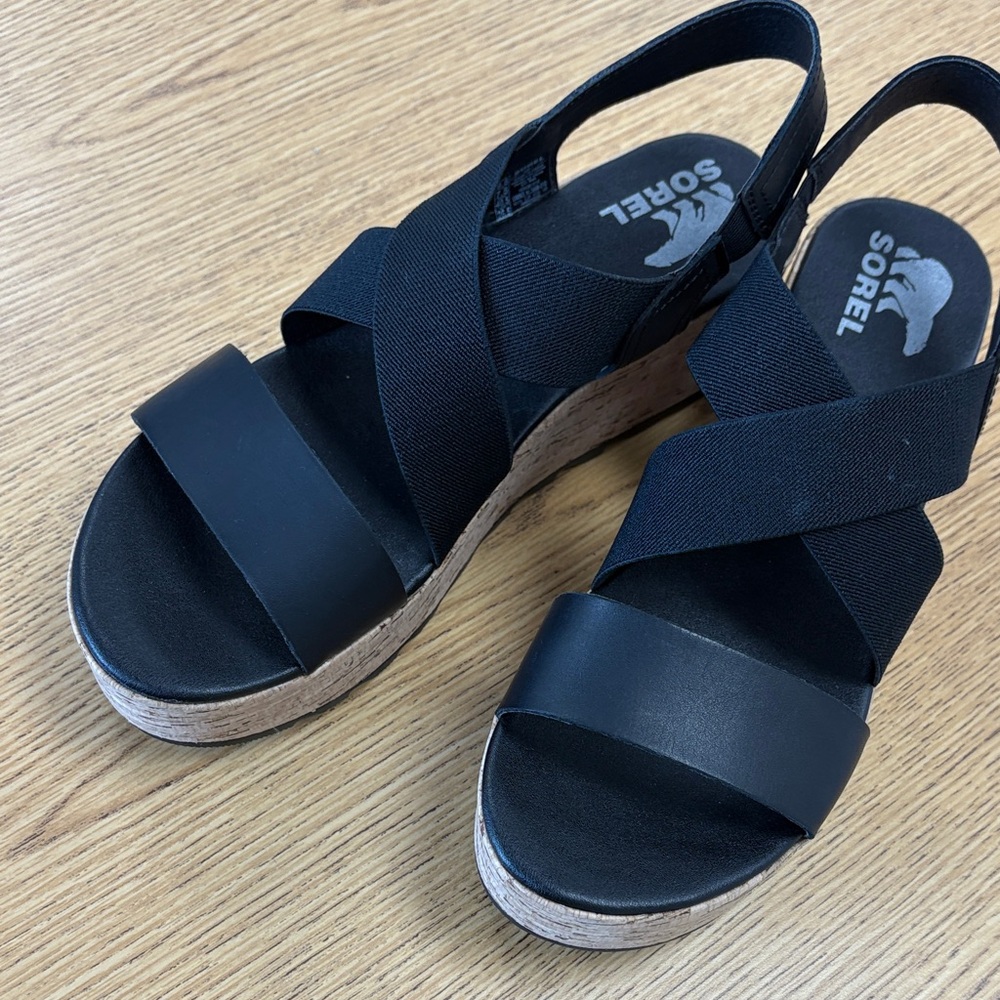 Sorel Black Wedge Sandals